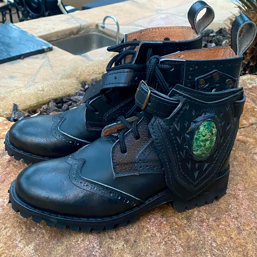Custom green stone western black boho vibram leather boots ! One of a kind !